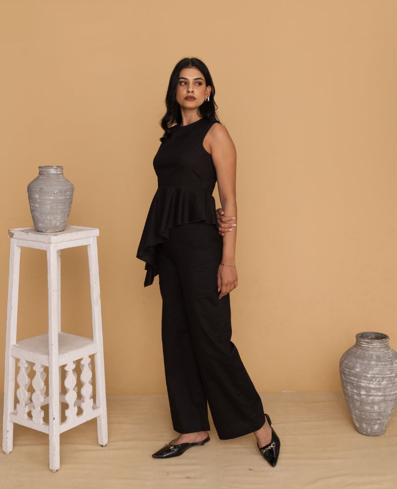 Mileenia Black Asymmetrical Peplum Top with Wide-Leg Pants Co-ord Set