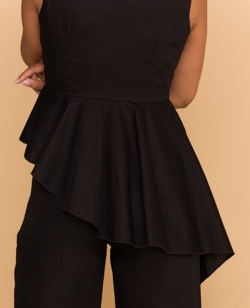 Black Asymmetrical Peplum Top with Wide-Leg Pants Co-ord Set
