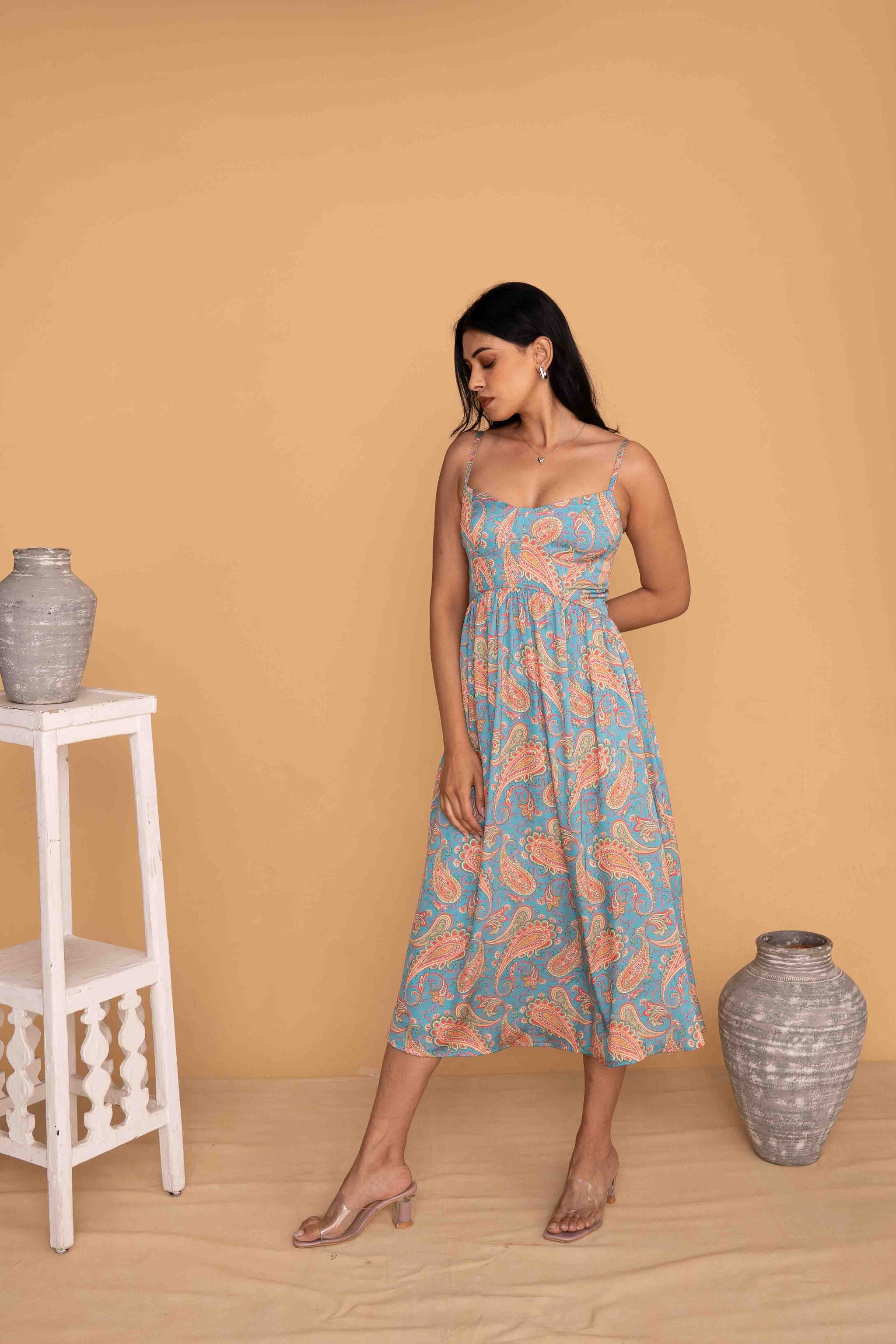 Mileenia Blue Paisley Print Spaghetti Strap Cotton Midi Dress