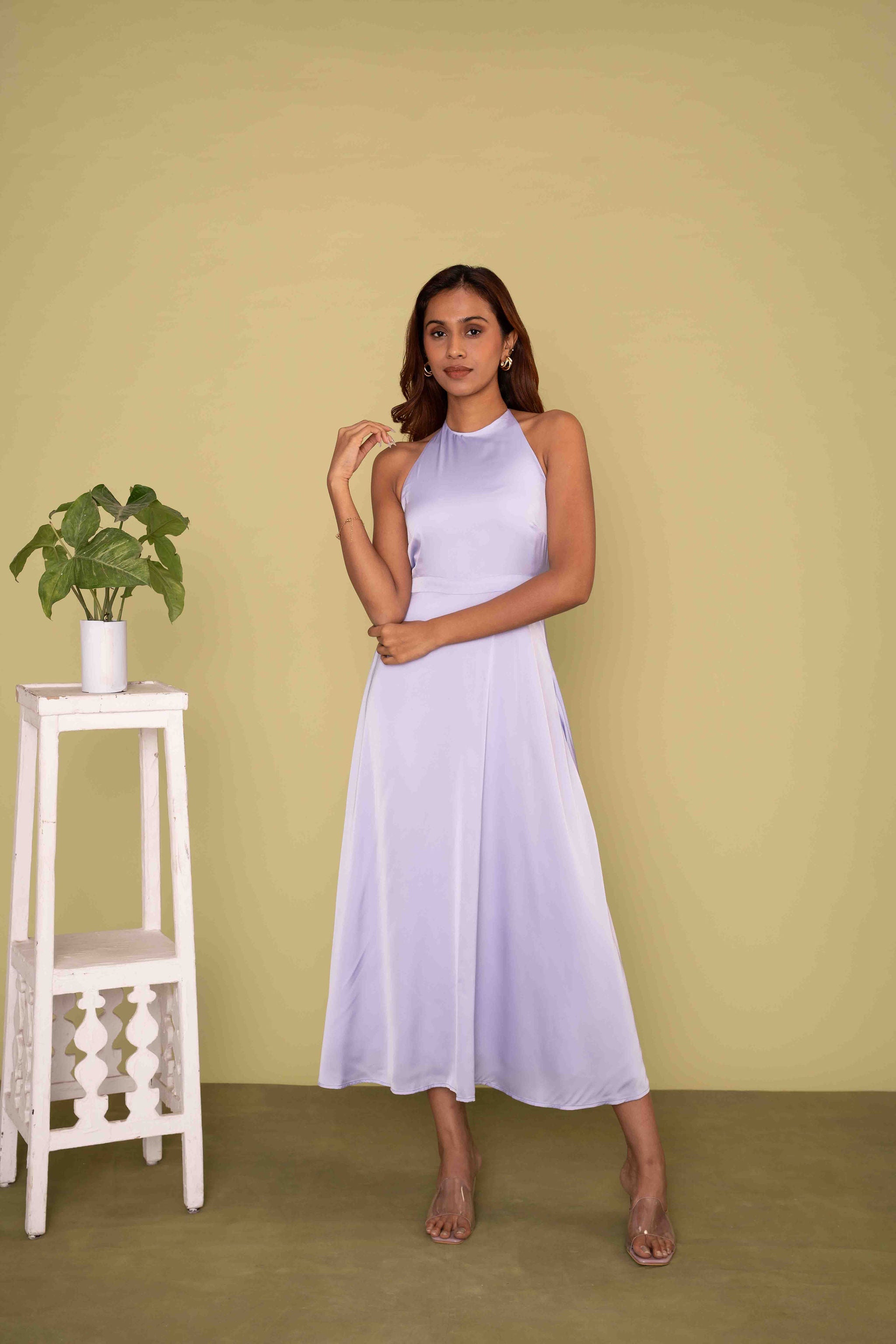 Mileenia Lavender Satin Halter Neck Flared Midi Dress