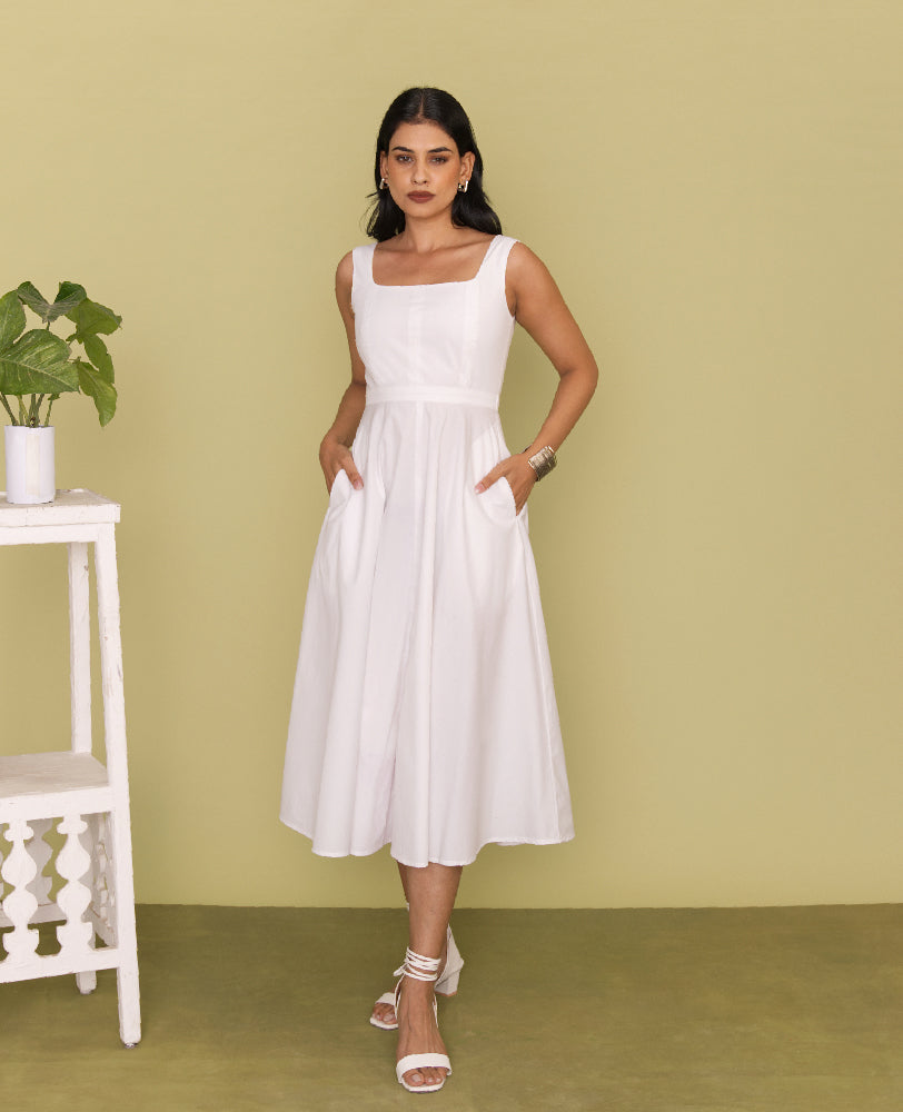 Mileenia White Cotton Square Neck Flared Midi Dress