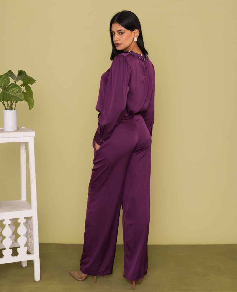 Purple Satin Embellished Collar Shirt with Wide-Leg Pants Co-ord Set