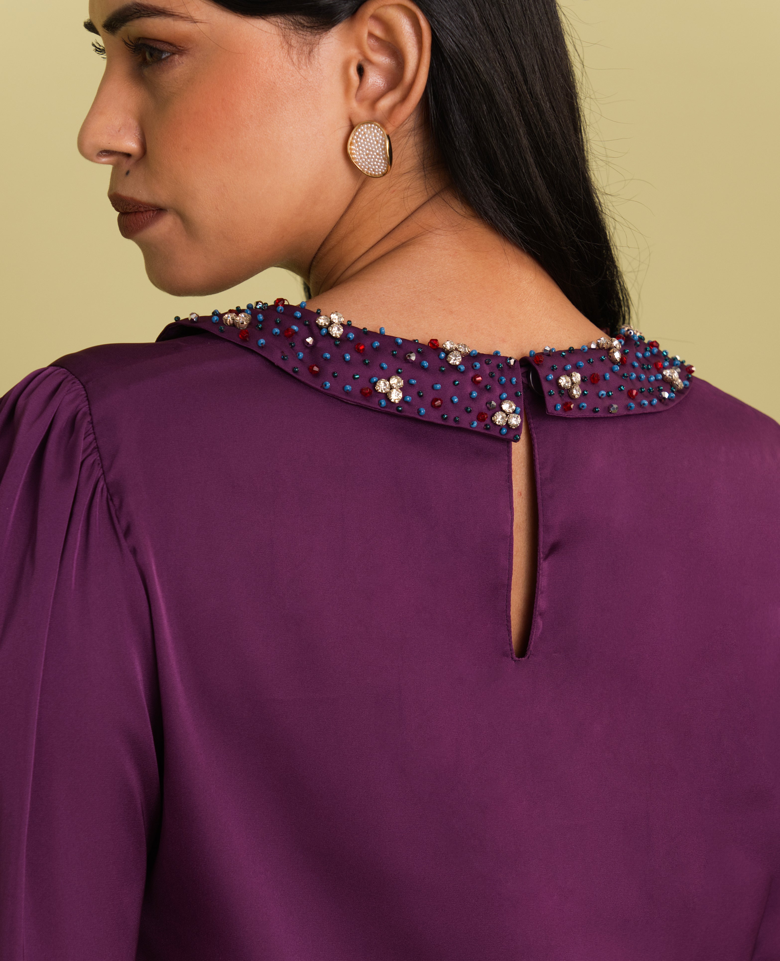 Purple Satin Embellished Collar Shirt with Wide-Leg Pants Co-ord Set