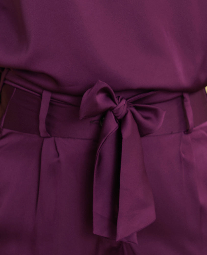 Mileenia Purple Satin Embellished Collar Shirt with Wide-Leg Pants Co-ord Set