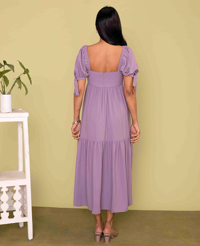 Mileenia Lavender Cotton Puff Sleeve Tiered Midi Dress