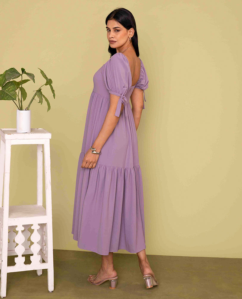 Mileenia Lavender Cotton Puff Sleeve Tiered Midi Dress