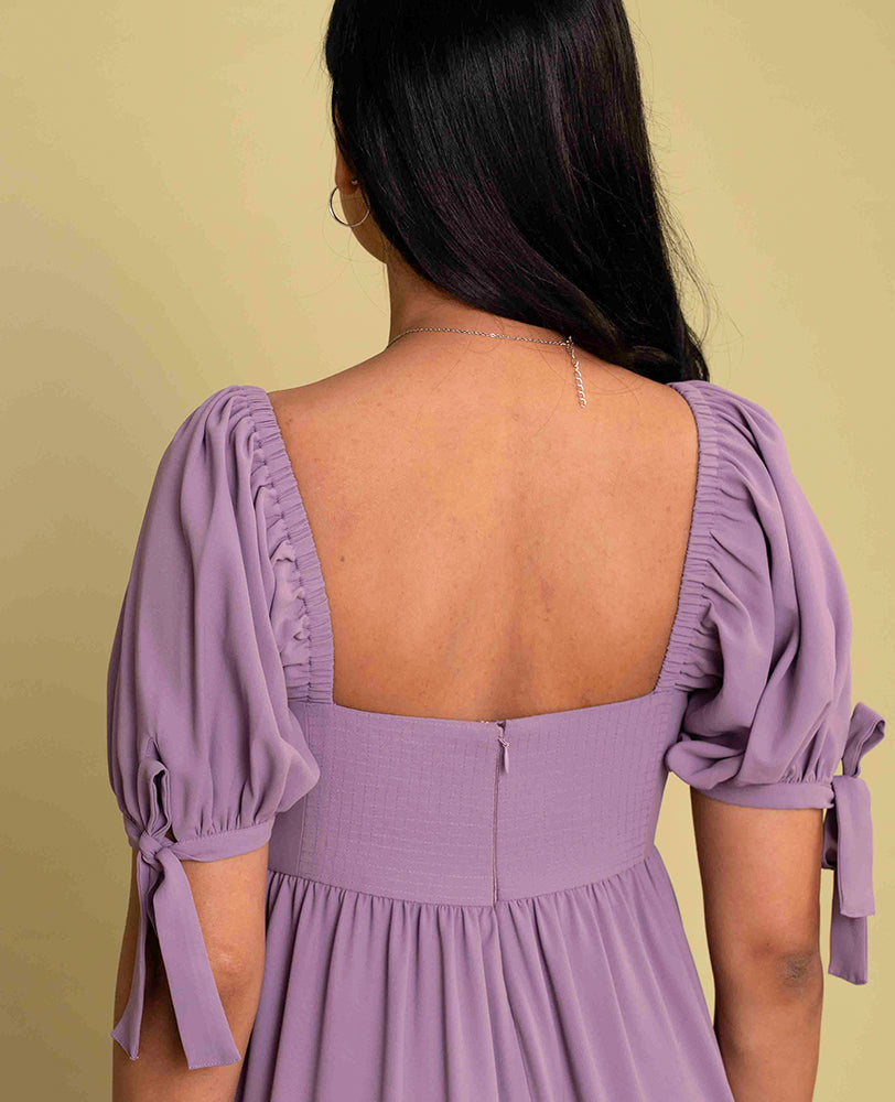 Mileenia Lavender Cotton Puff Sleeve Tiered Midi Dress