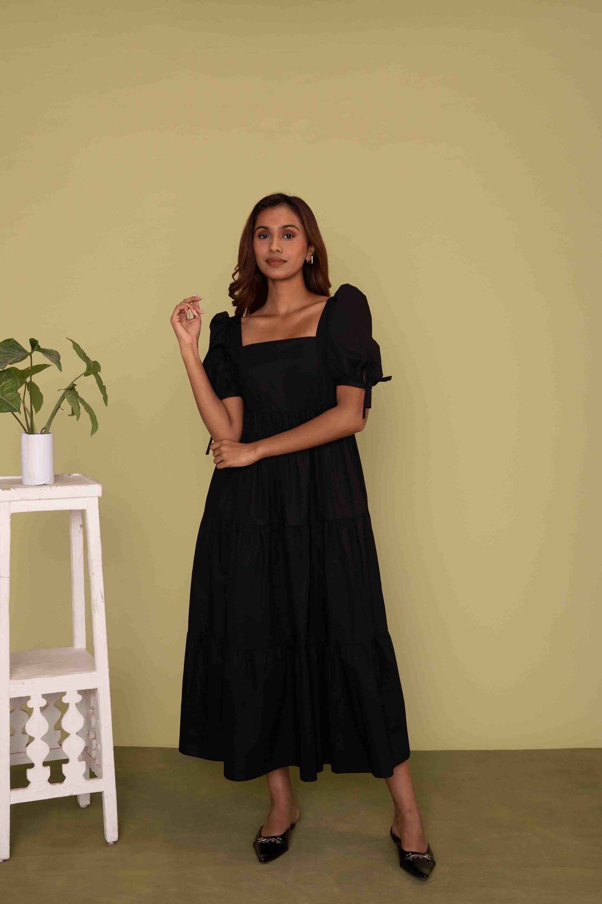 Mileenia Black Cotton Puff Sleeve Tiered Midi Dress