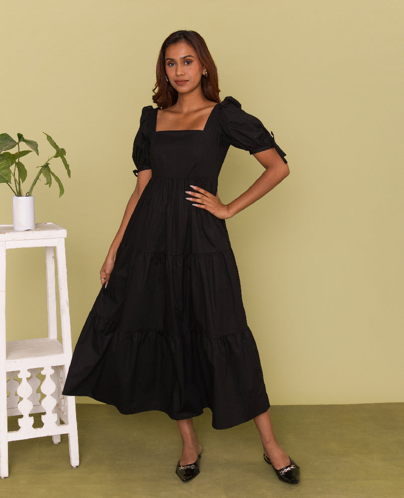 Mileenia Black Cotton Puff Sleeve Tiered Midi Dress