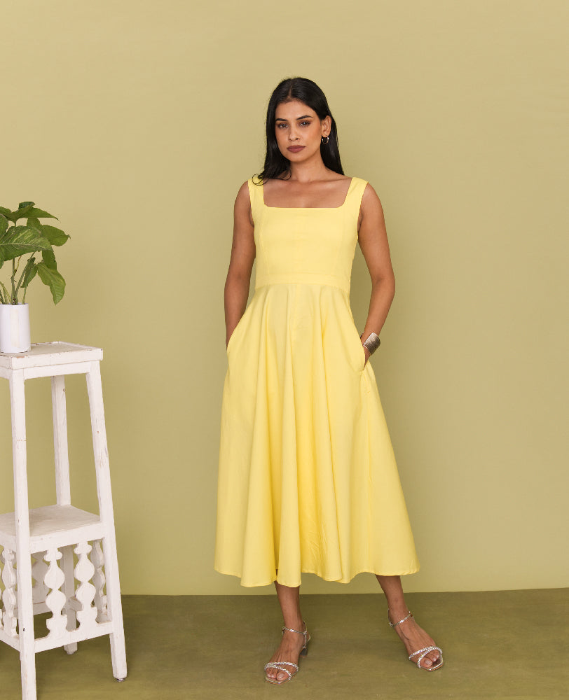 Mileenia Yellow Cotton Square Neck Flared Midi Dress