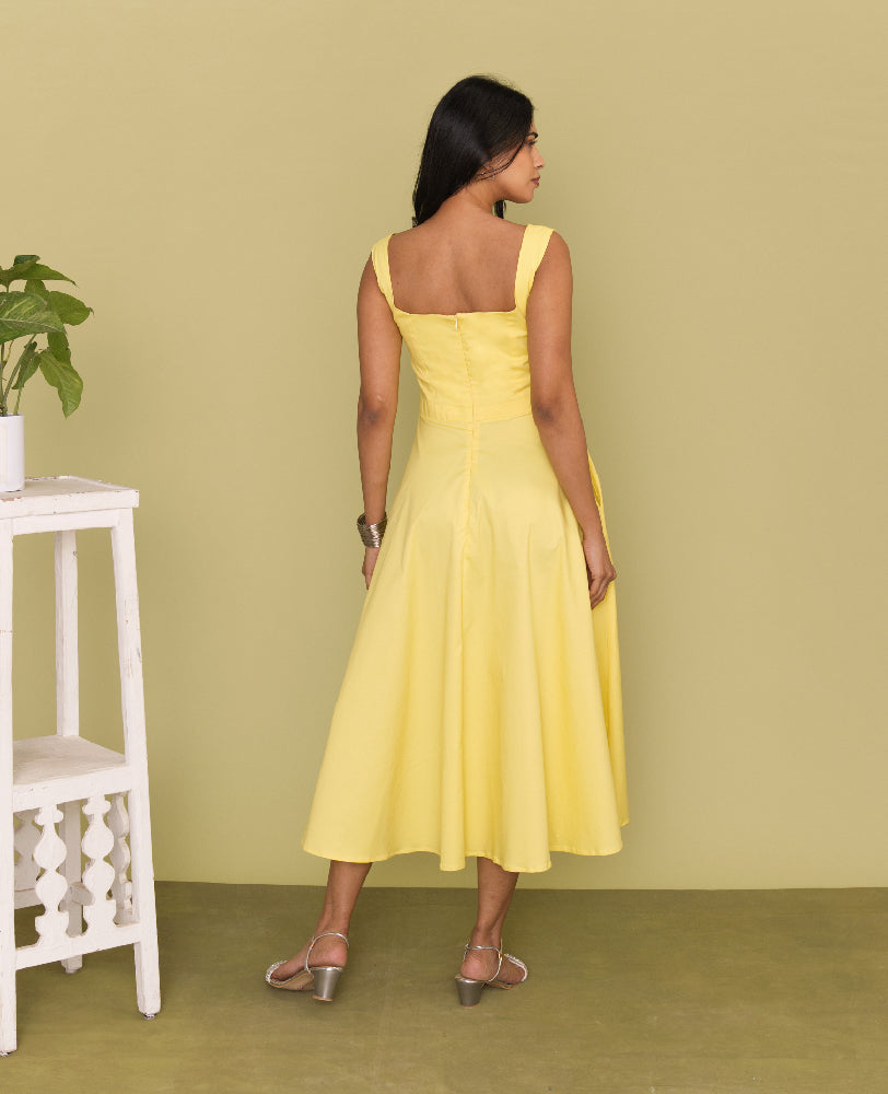 Yellow Cotton Square Neck Flared Midi Dress
