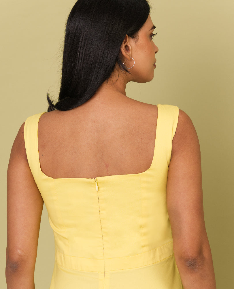 Yellow Cotton Square Neck Flared Midi Dress