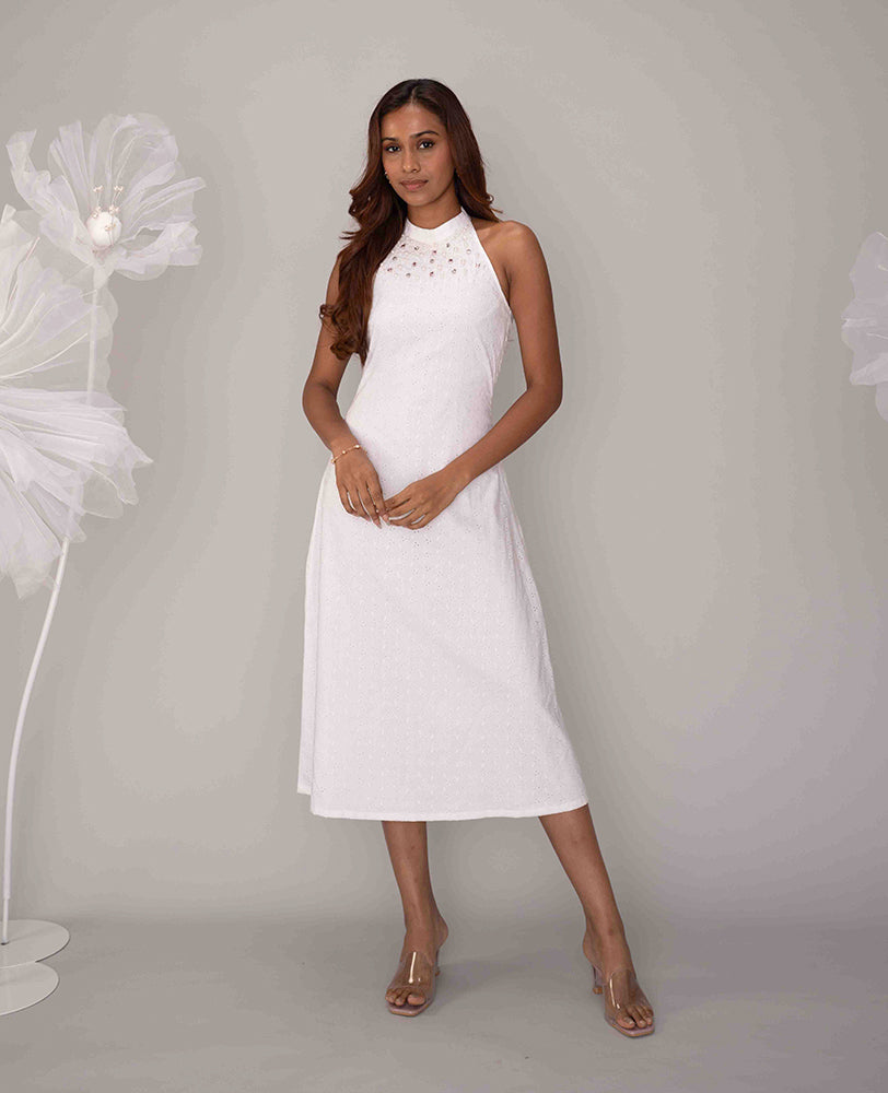 Mileenia White Cotton Hakoba Embellished Halter Midi Dress