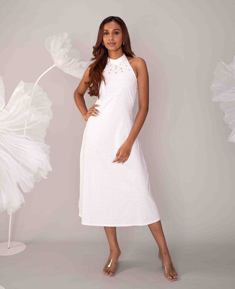 Mileenia White Cotton Hakoba Embellished Halter Midi Dress