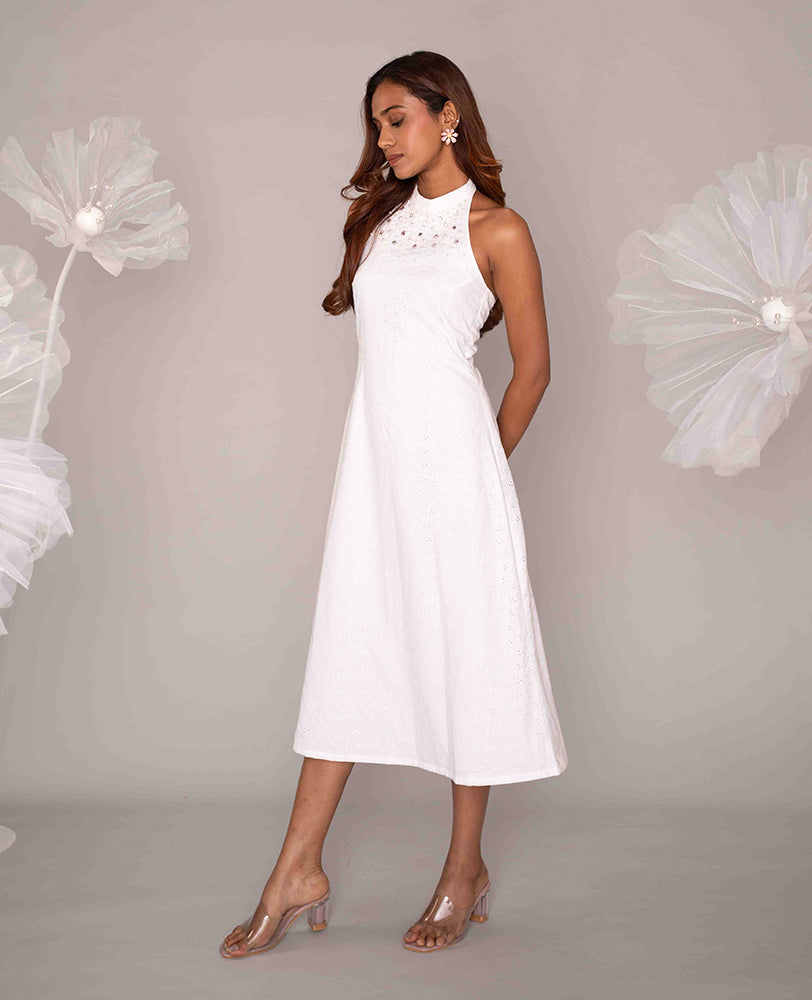 Mileenia White Cotton Hakoba Embellished Halter Midi Dress
