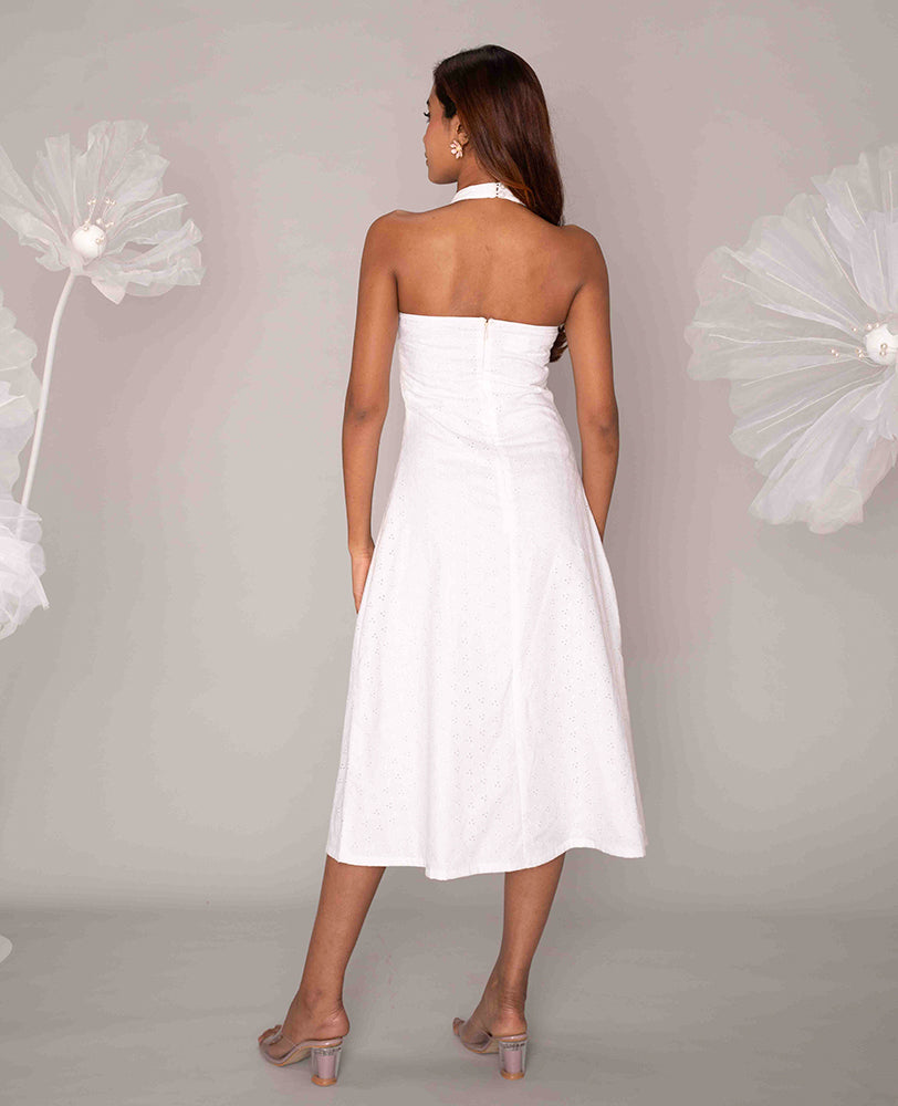 Mileenia White Cotton Hakoba Embellished Halter Midi Dress