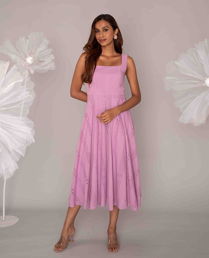 Mileenia Pink Cotton Hakoba Square Neck Flared Midi Dress