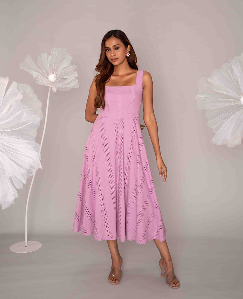 Mileenia Pink Cotton Hakoba Square Neck Flared Midi Dress