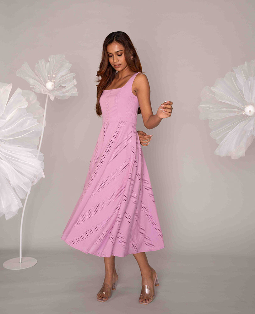 Mileenia Pink Cotton Hakoba Square Neck Flared Midi Dress