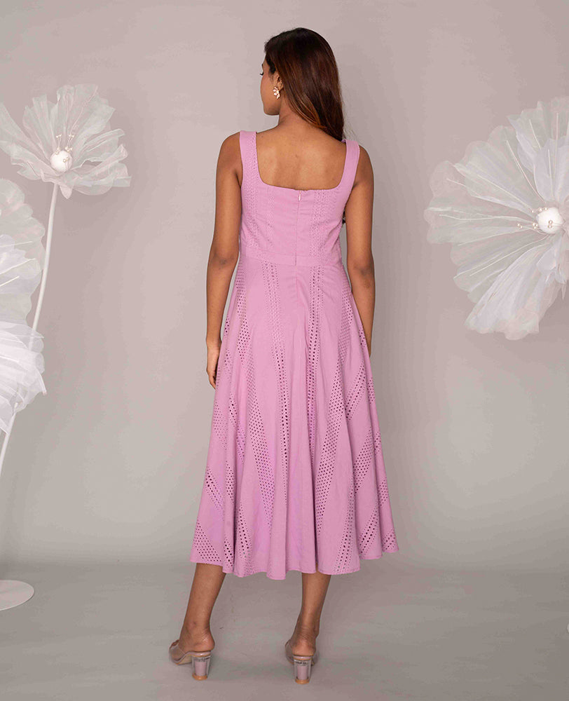 Mileenia Pink Cotton Hakoba Square Neck Flared Midi Dress