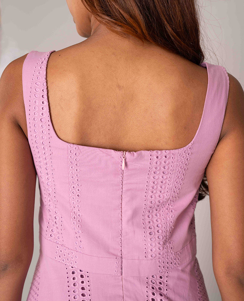 Pink Cotton Hakoba Square Neck Flared Midi Dress