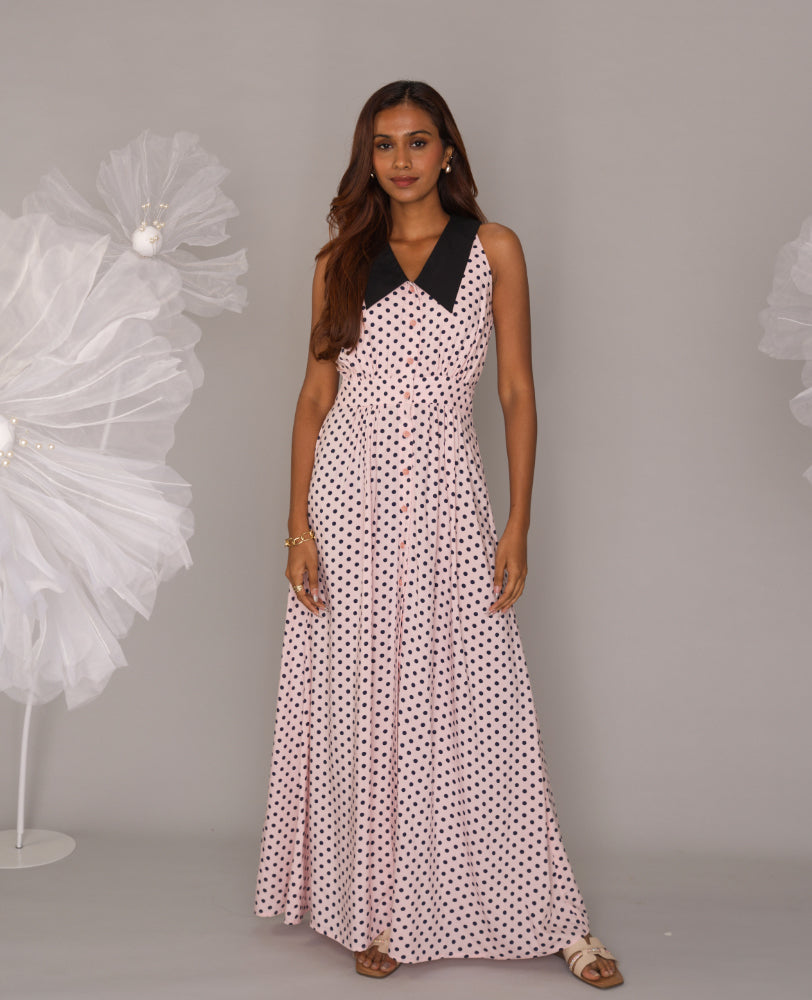 Mileenia Polka Dot Maxi Dress with Contrast Collar