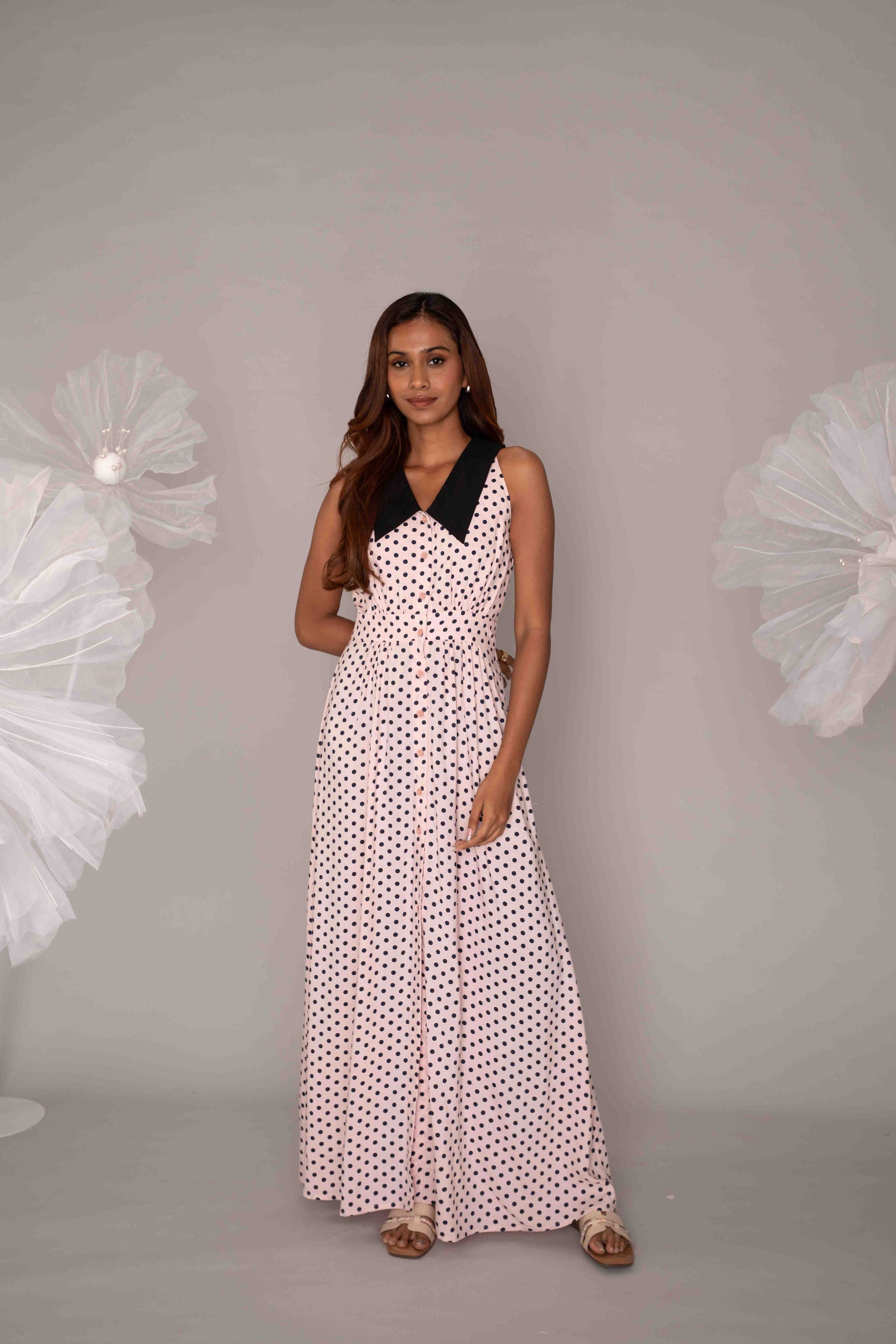 Mileenia Polka Dot Maxi Dress with Contrast Collar