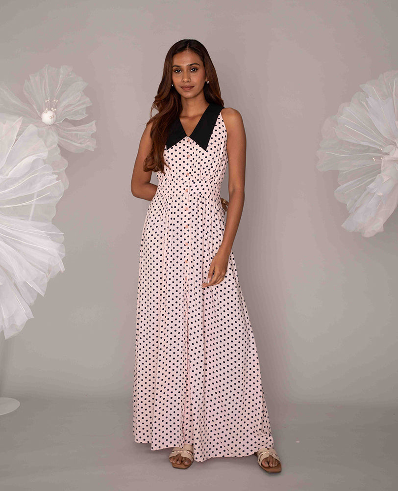 Polka Dot Maxi Dress with Contrast Collar