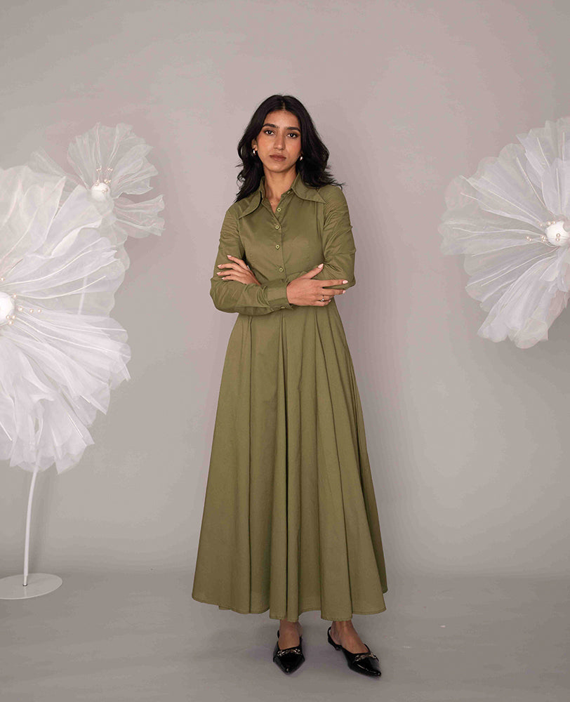 Sage Green Cotton Shirt Maxi Dress