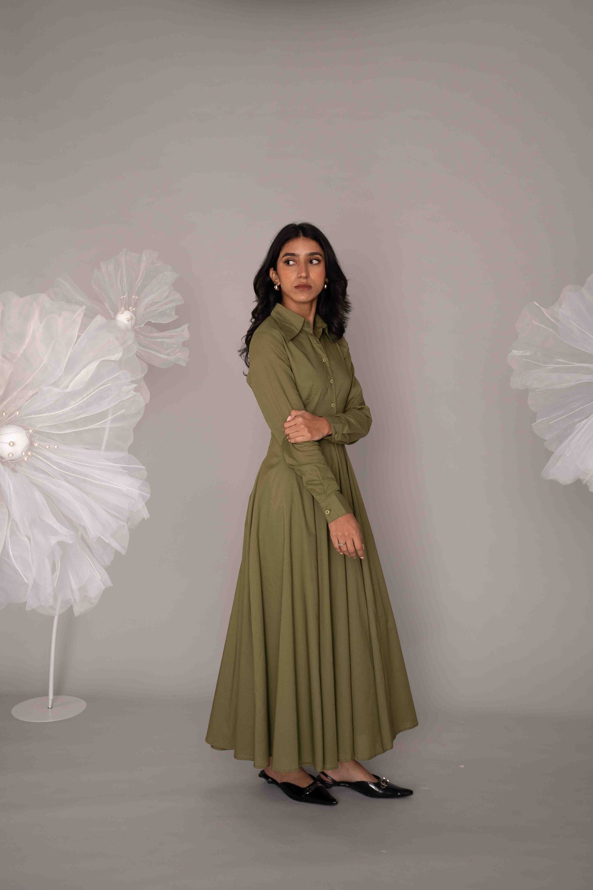 Mileenia Olive Green Cotton Shirt Maxi Dress