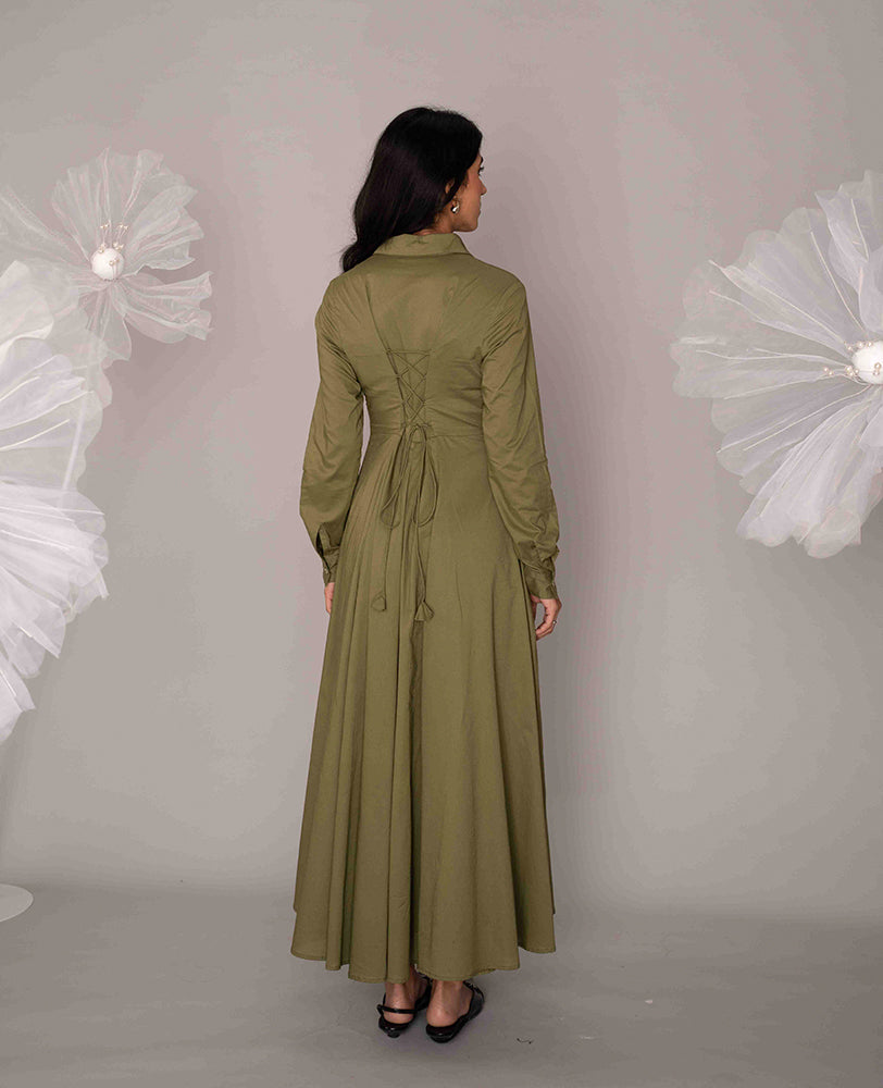 Mileenia Olive Green Cotton Shirt Maxi Dress