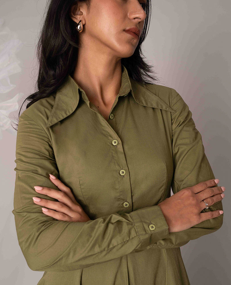 Mileenia Olive Green Cotton Shirt Maxi Dress