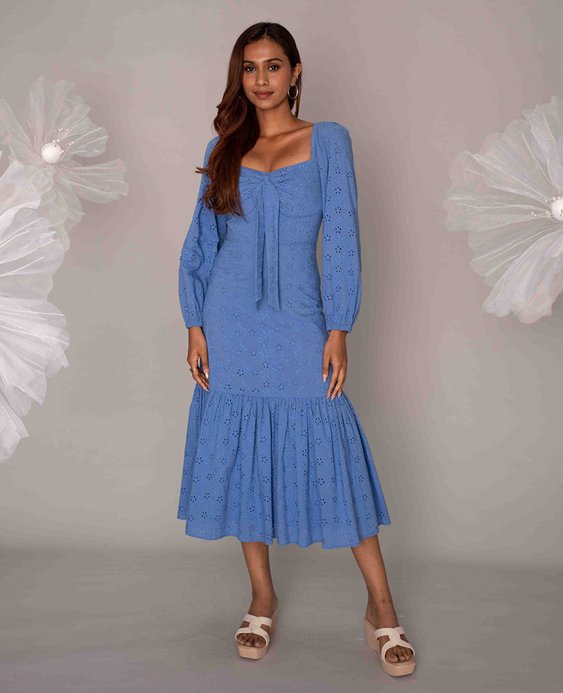 Mileenia Sky Blue Eyelet Midi Dress with Tie-Front