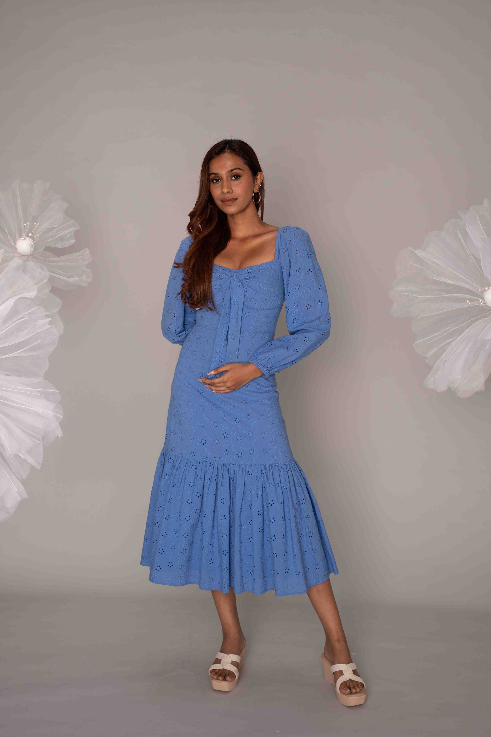 Mileenia Sky Blue Eyelet Midi Dress with Tie-Front