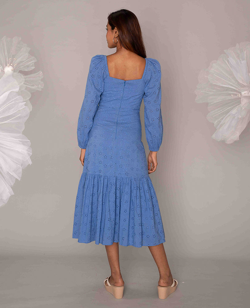 Sky Blue Eyelet Midi Dress with Tie-Front