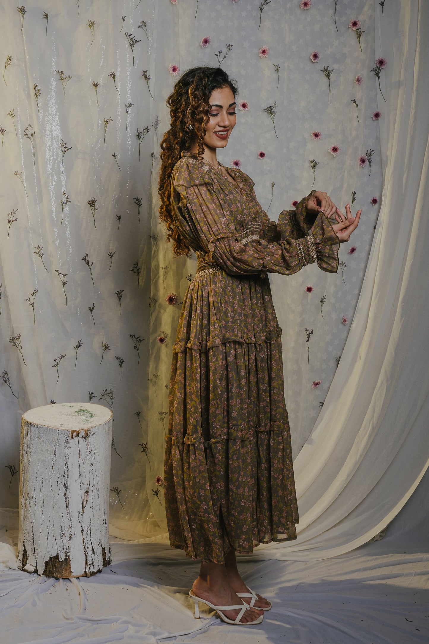 Smoked V Neck Flared Dress