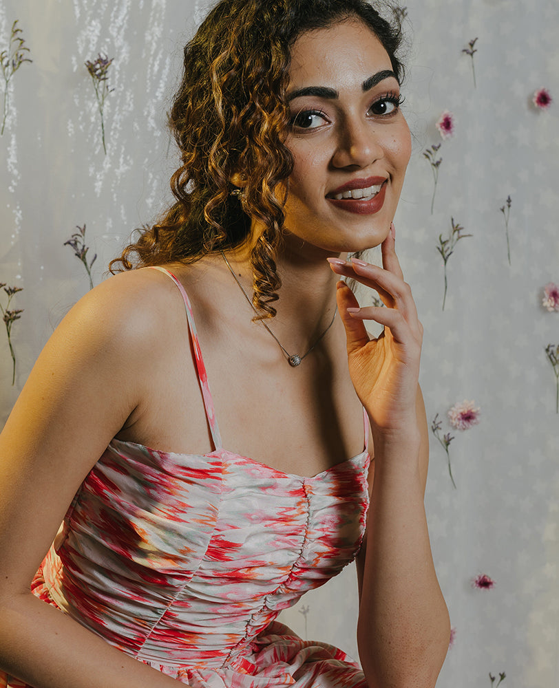 Ikkat Satin High Low Strap Dress