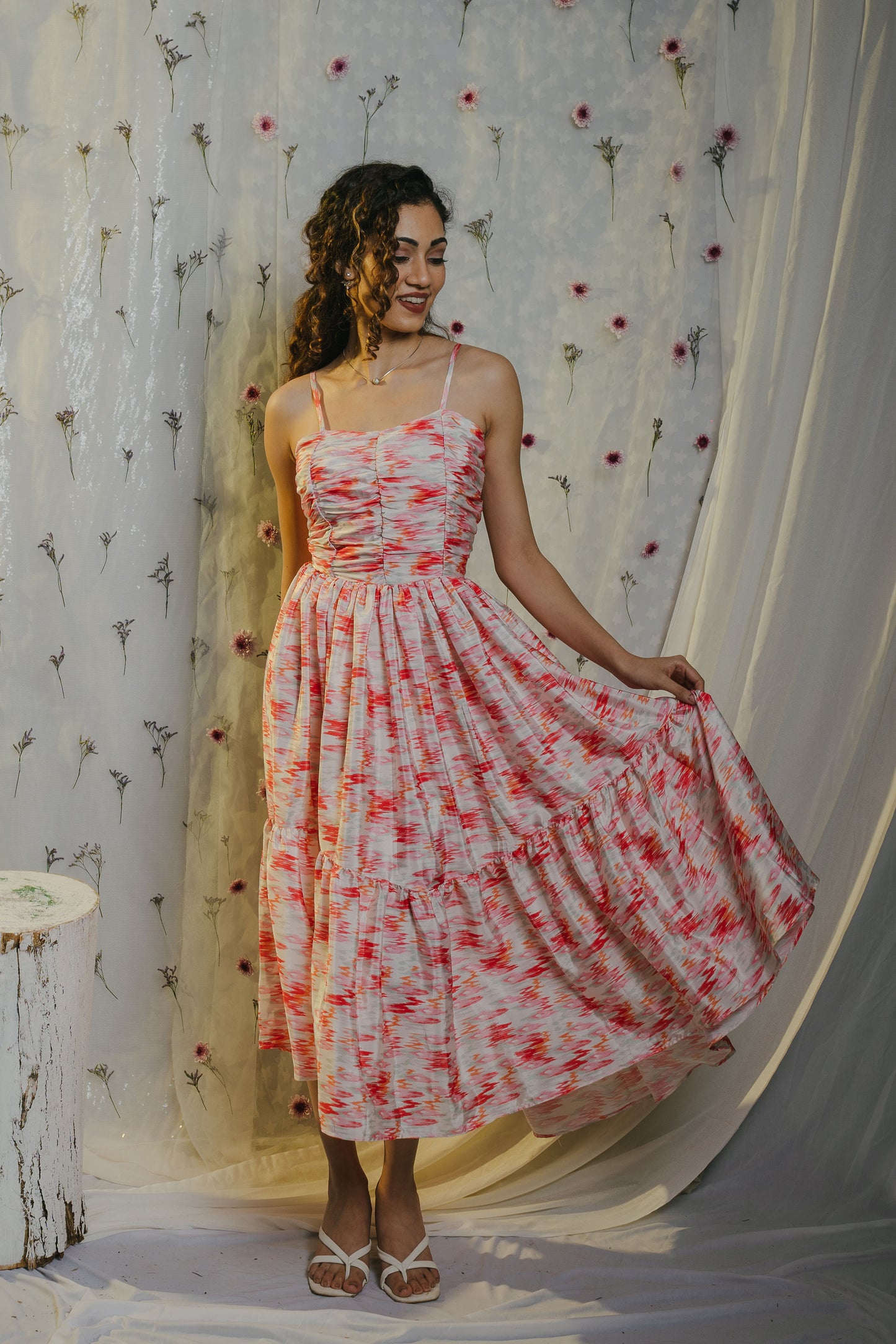 Ikkat Satin High Low Strap Dress