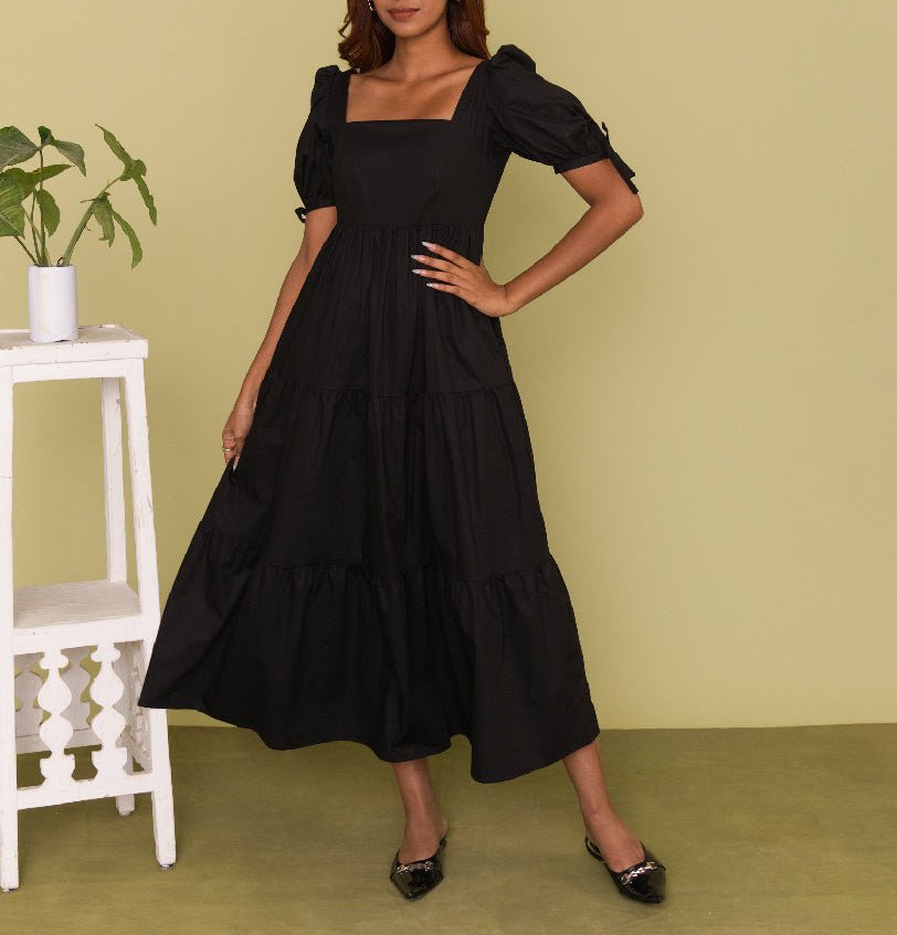 Black Cotton Puff Sleeve Tiered Midi Dress - Mileenia