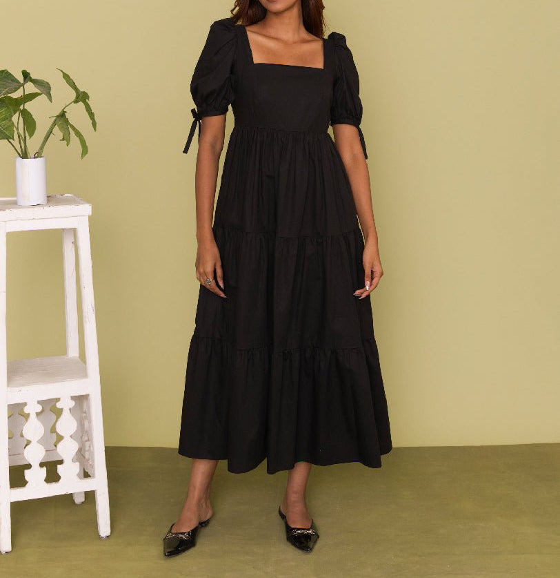 Black Cotton Puff Sleeve Tiered Midi Dress - Mileenia