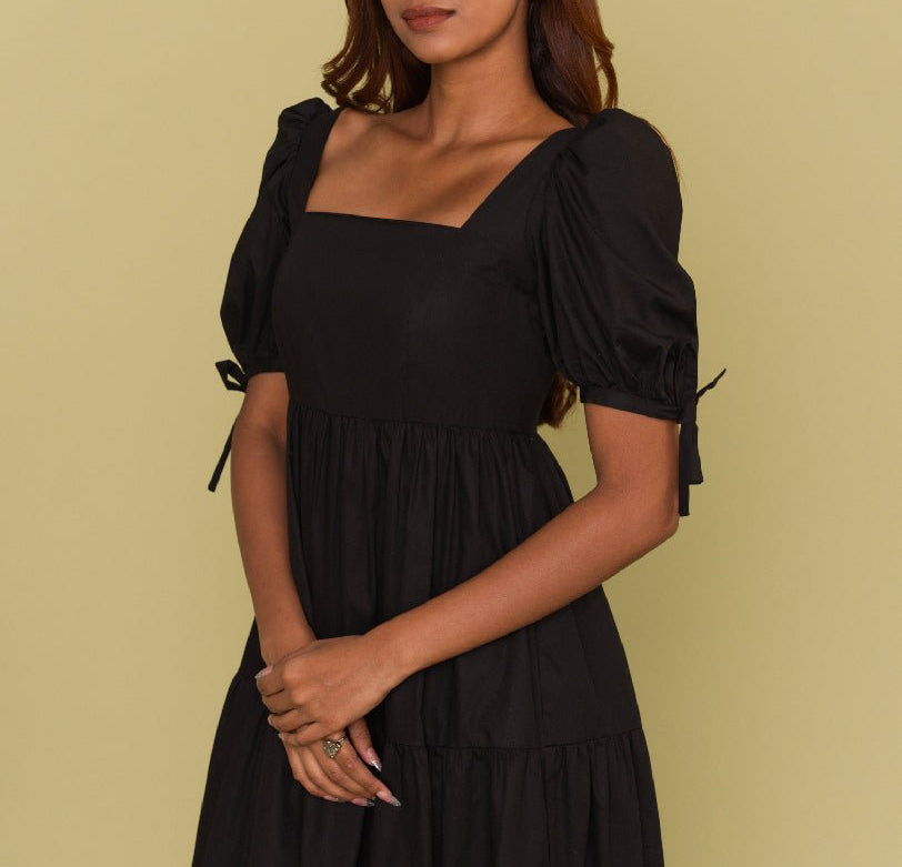 Black Cotton Puff Sleeve Tiered Midi Dress - Mileenia
