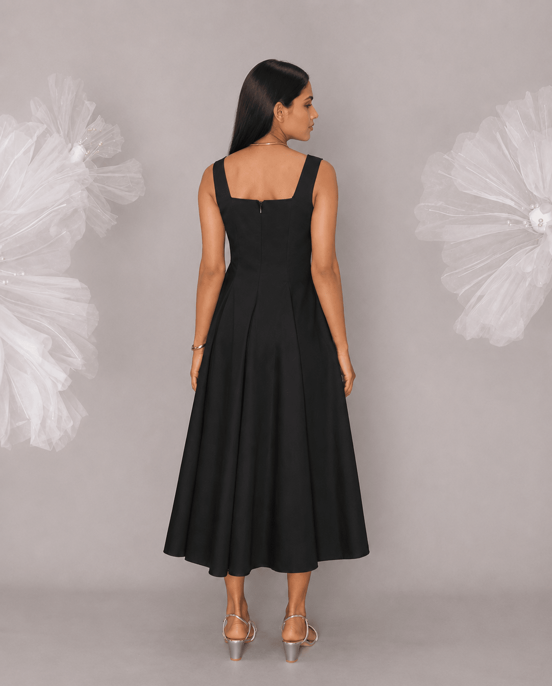 Black Cotton Square Neck Flared Midi Dress - Mileenia