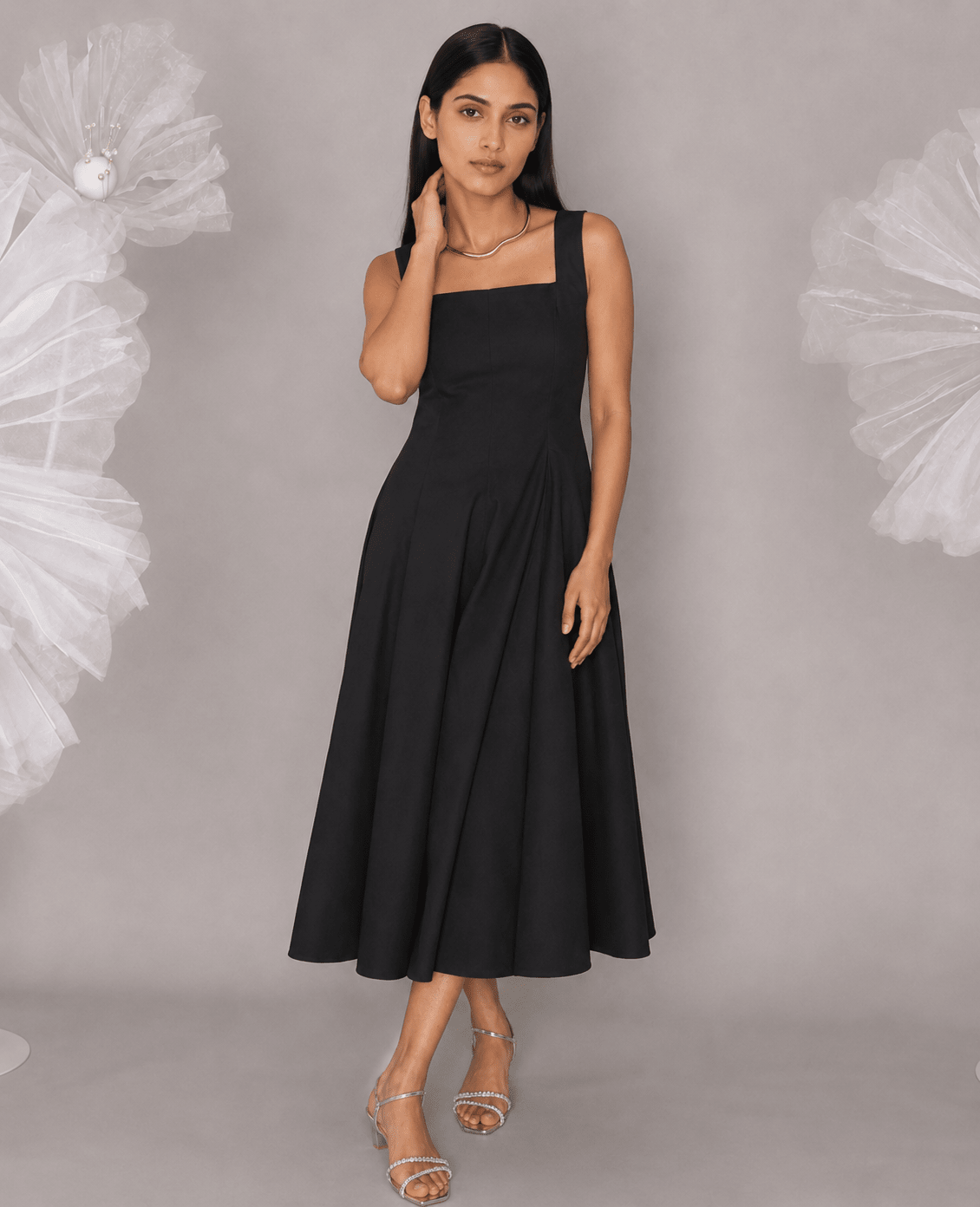 Black Cotton Square Neck Flared Midi Dress - Mileenia