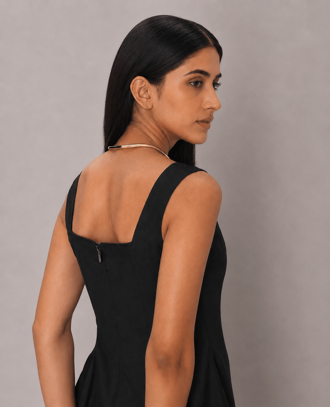 Black Cotton Square Neck Flared Midi Dress - Mileenia