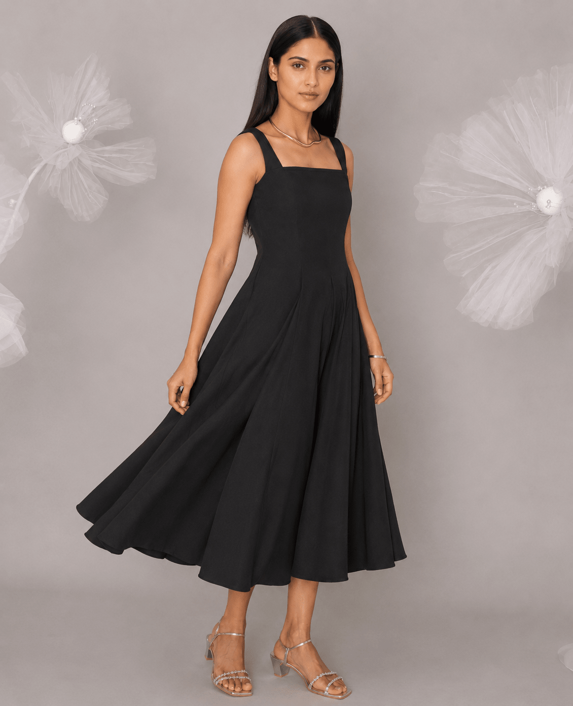 Black Cotton Square Neck Flared Midi Dress - Mileenia