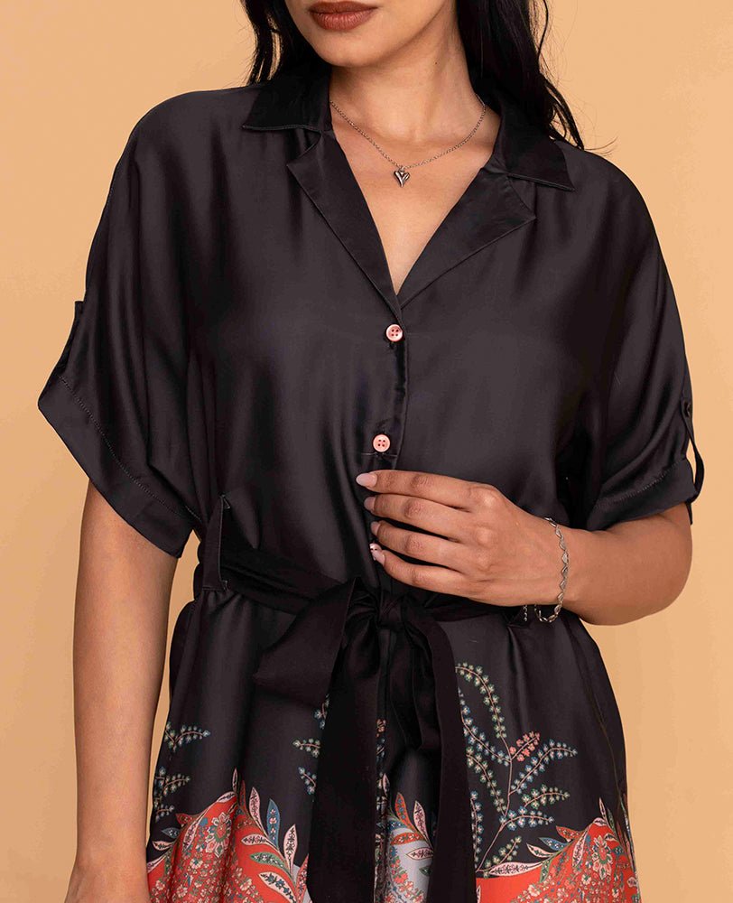 Black Satin Shirt Dress with Paisley Print Skirt and Waist Tie - Mileenia