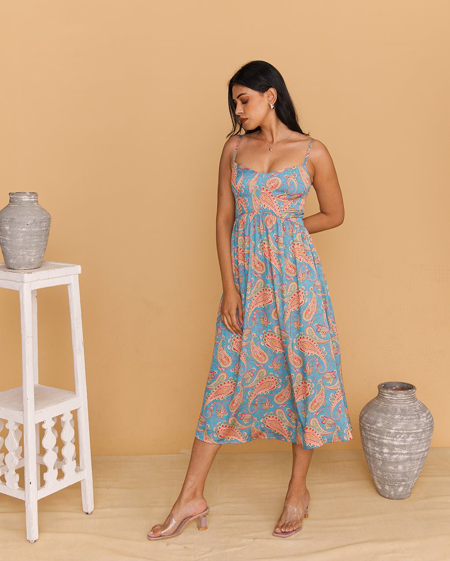 Blue Paisley Print Spaghetti Strap Satin Midi Dress - Mileenia