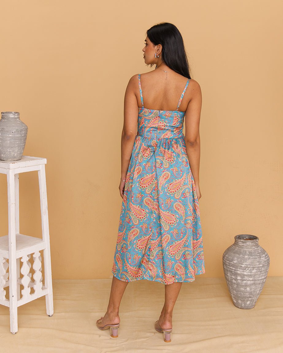 Blue Paisley Print Spaghetti Strap Satin Midi Dress - Mileenia