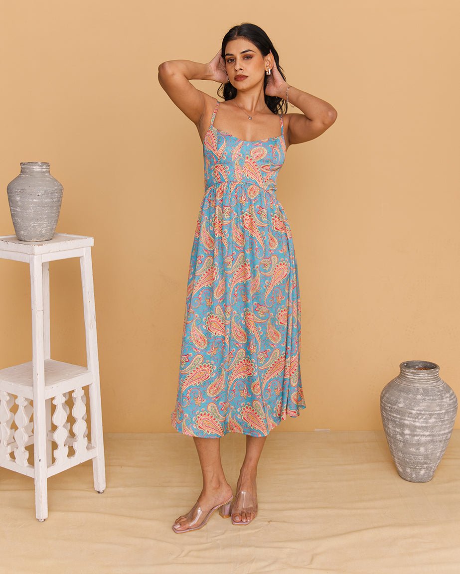 Blue Paisley Print Spaghetti Strap Satin Midi Dress - Mileenia