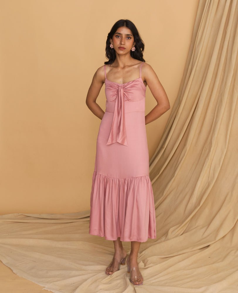 Blush Pink Bow - Tie Midi Dress - Mileenia